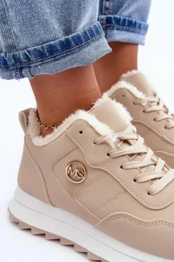 Ocieplane Skórzane Buty Sportowe Na Platformie Beżowe Adite