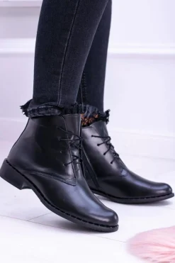 Ocieplane Skórzane Czarne Damskie Botki Z Koronką Millano