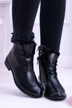 Ocieplane Skórzane Czarne Damskie Botki Z Koronką Millano