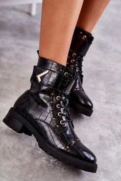 Ocieplane Skórzane Wężowe Botki Czarne Colira