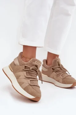 Ocieplane Sneakersy Damskie Na Platformie Beżowe Juvira