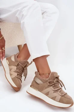 Ocieplane Sneakersy Damskie Na Platformie Beżowe Juvira
