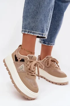 Ocieplane Sneakersy Damskie Na Platformie Beżowe Florinda