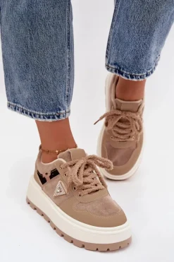 Ocieplane Sneakersy Damskie Na Platformie Beżowe Florinda