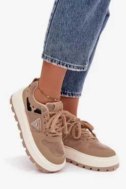 Ocieplane Sneakersy Damskie Na Platformie Beżowe Florinda