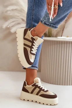 Ocieplane Sneakersy Damskie Na Platformie Z Kożuchem Brązowe Daivlene