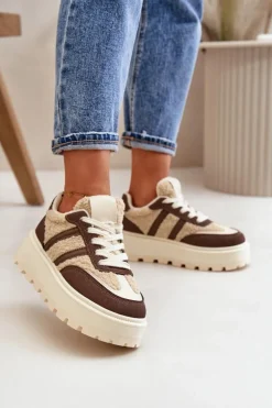 Ocieplane Sneakersy Damskie Na Platformie Z Kożuchem Brązowe Daivlene