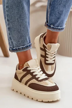 Ocieplane Sneakersy Damskie Na Platformie Z Kożuchem Brązowe Daivlene