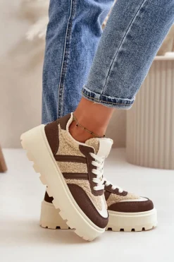 Ocieplane Sneakersy Damskie Na Platformie Z Kożuchem Brązowe Daivlene