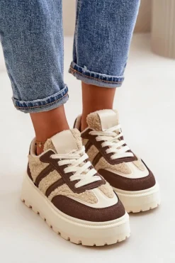 Ocieplane Sneakersy Damskie Na Platformie Z Kożuchem Brązowe Daivlene