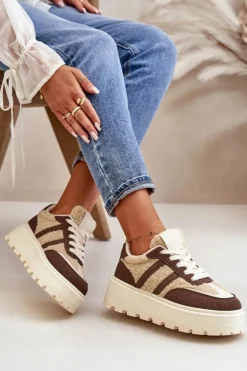 Ocieplane Sneakersy Damskie Na Platformie Z Kożuchem Brązowe Daivlene