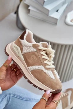 Ocieplane Sneakersy Damskie Skórzane Big Star OO274A317 HI-POLY SYSTEM Beżowe