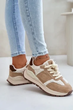 Ocieplane Sneakersy Damskie Skórzane Big Star OO274A317 HI-POLY SYSTEM Beżowe