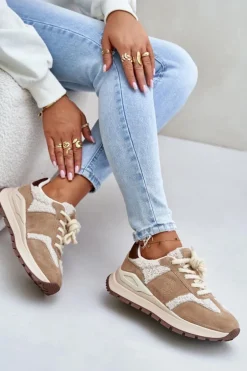 Ocieplane Sneakersy Damskie Skórzane Big Star OO274A317 HI-POLY SYSTEM Beżowe