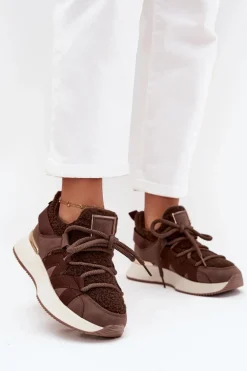 Ocieplane Sneakersy Damskie Na Platformie Brązowe Juvira