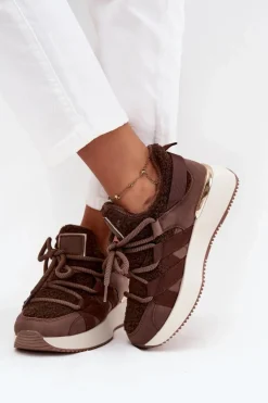 Ocieplane Sneakersy Damskie Na Platformie Brązowe Juvira