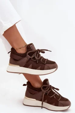 Ocieplane Sneakersy Damskie Na Platformie Brązowe Juvira