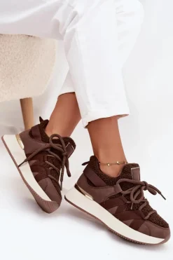 Ocieplane Sneakersy Damskie Na Platformie Brązowe Juvira