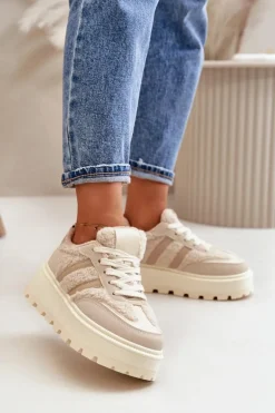 Ocieplane Sneakersy Damskie Na Platformie Z Kożuchem Beżowe Daivlene