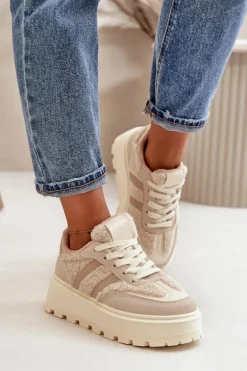 Ocieplane Sneakersy Damskie Na Platformie Z Kożuchem Beżowe Daivlene