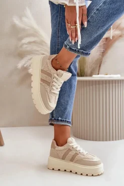 Ocieplane Sneakersy Damskie Na Platformie Z Kożuchem Beżowe Daivlene
