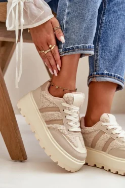Ocieplane Sneakersy Damskie Na Platformie Z Kożuchem Beżowe Daivlene