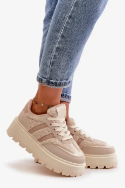 Ocieplane Sneakersy Damskie Na Platformie Z Kożuchem Beżowe Daivlene