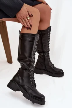 Ocieplane Sznurowane Kozaki Glany Damskie Czarne Novissa
