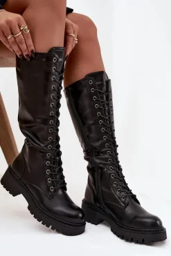 Ocieplane Sznurowane Kozaki Glany Damskie Czarne Novissa
