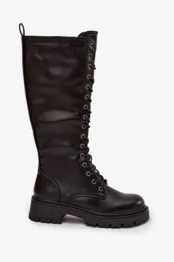 Ocieplane Sznurowane Kozaki Glany Damskie Czarne Novissa