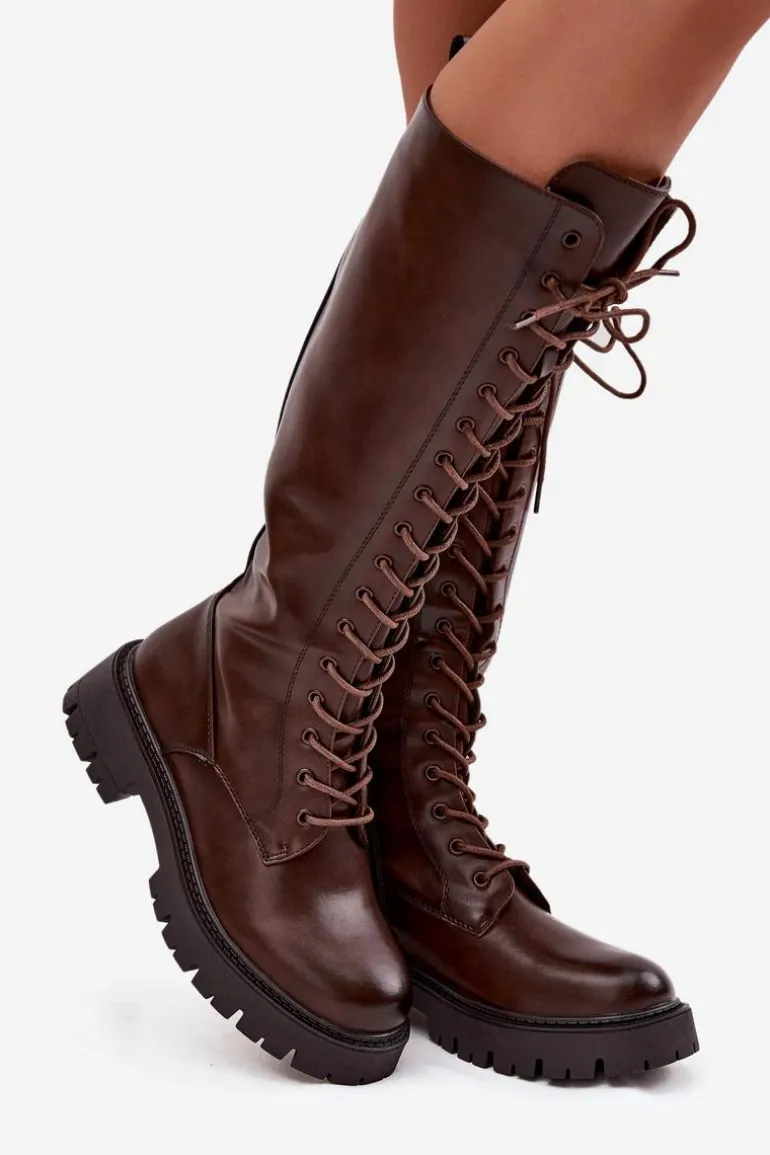 Ocieplane Sznurowane Kozaki Damskie Czekoladowe Meliora