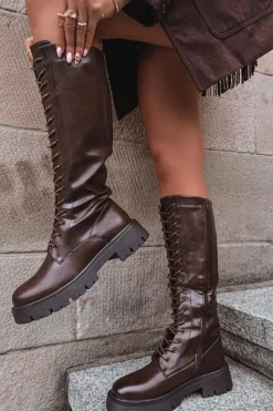 Ocieplane Sznurowane Kozaki Damskie Czekoladowe Meliora