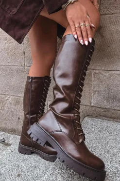 Ocieplane Sznurowane Kozaki Damskie Czekoladowe Meliora