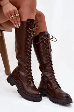 Ocieplane Sznurowane Kozaki Damskie Czekoladowe Meliora