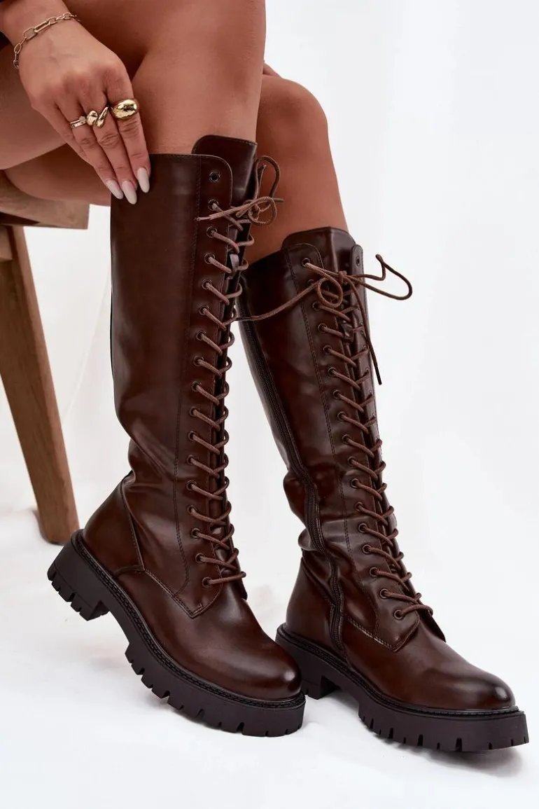 Ocieplane Sznurowane Kozaki Damskie Czekoladowe Meliora