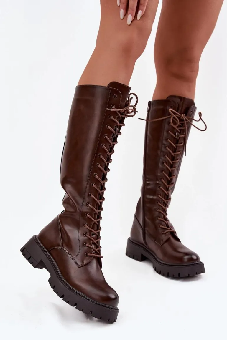 Ocieplane Sznurowane Kozaki Damskie Czekoladowe Meliora