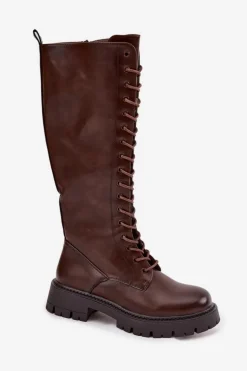 Ocieplane Sznurowane Kozaki Damskie Czekoladowe Meliora