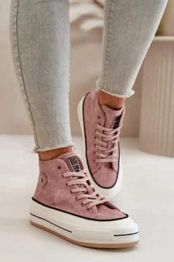 Ocieplane Trampki Damskie Na Platformie Eko Skórzane Big Star OO274068 Różowe
