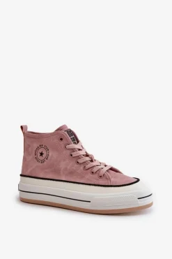 Ocieplane Trampki Damskie Na Platformie Eko Skórzane Big Star OO274068 Różowe