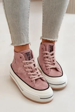 Ocieplane Trampki Damskie Na Platformie Eko Skórzane Big Star OO274068 Różowe