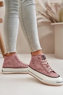Ocieplane Trampki Damskie Na Platformie Eko Skórzane Big Star OO274068 Różowe