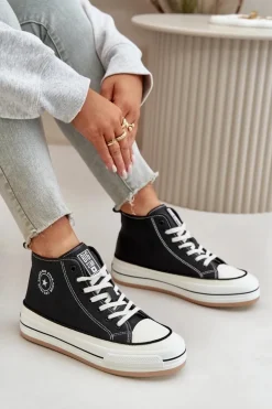 Ocieplane Trampki Damskie Na Platformie Eko Skórzane Big Star OO274062 Czarne