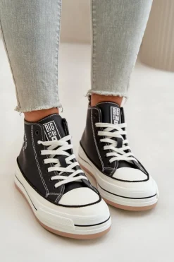 Ocieplane Trampki Damskie Na Platformie Eko Skórzane Big Star OO274062 Czarne