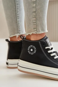 Ocieplane Trampki Damskie Na Platformie Eko Skórzane Big Star OO274062 Czarne