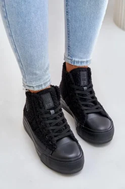 Ocieplane Trampki Damskie Z Futerkiem Typu Baranek Big Star OO274A443 Czarne