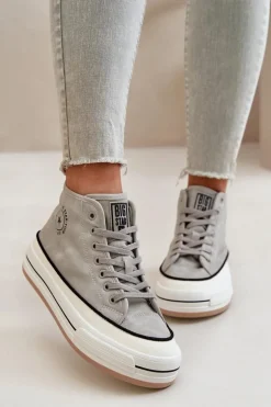 Ocieplane Trampki Damskie Na Platformie Eko Skórzane Big Star OO274070 Szare