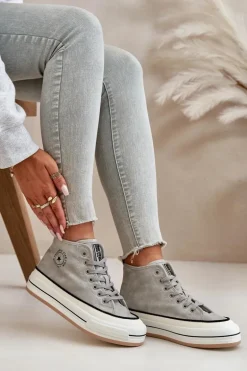 Ocieplane Trampki Damskie Na Platformie Eko Skórzane Big Star OO274070 Szare