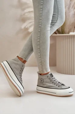 Ocieplane Trampki Damskie Na Platformie Eko Skórzane Big Star OO274070 Szare