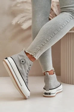 Ocieplane Trampki Damskie Na Platformie Eko Skórzane Big Star OO274070 Szare