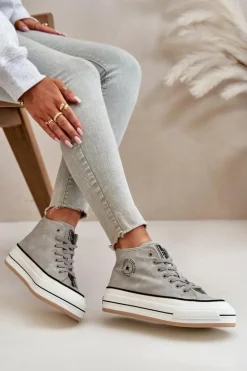 Ocieplane Trampki Damskie Na Platformie Eko Skórzane Big Star OO274070 Szare